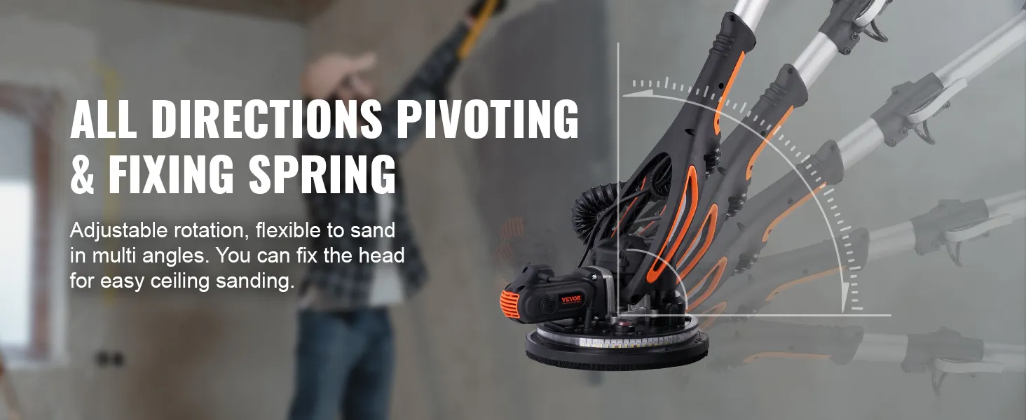 Lijadora de paneles de yeso VEVOR que presenta rotación ajustable y ángulos de lijado flexibles para techos.