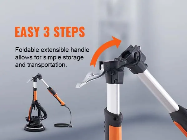 Mango plegable de la lijadora de yeso VEVOR para fácil almacenamiento y transporte, mostrado en tres pasos.