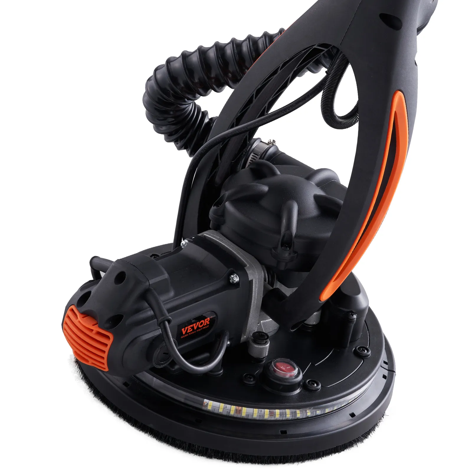 Lijadora de paneles de yeso VEVOR con mango ergonómico negro y naranja, manguera en espiral y tira de luz LED.