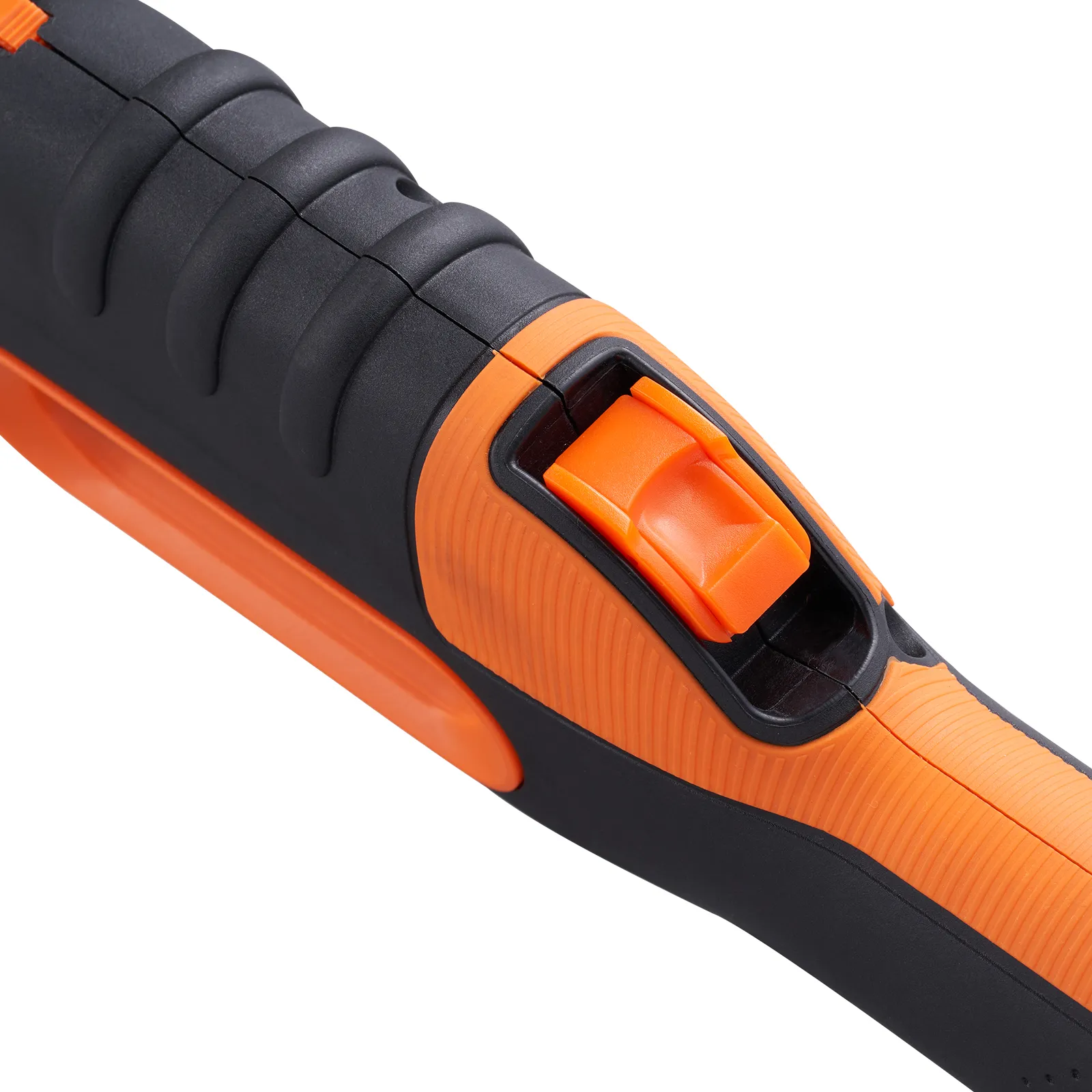 Primer plano de lijadora para paneles de yeso VEVOR con mango negro e interruptor de control de velocidad naranja.