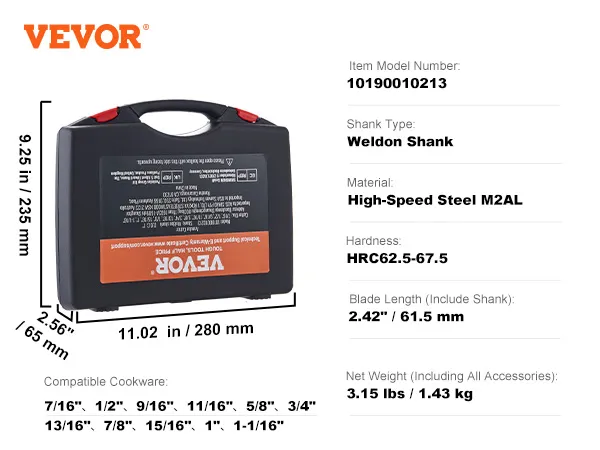 VEVOR annular cutter set includes a weldon shank and high-speed steel m2al with a 1" cutting depth.