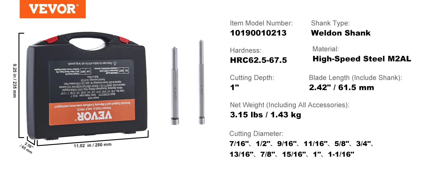 VEVOR annular cutter set includes a weldon shank and high-speed steel m2al with a 1" cutting depth.