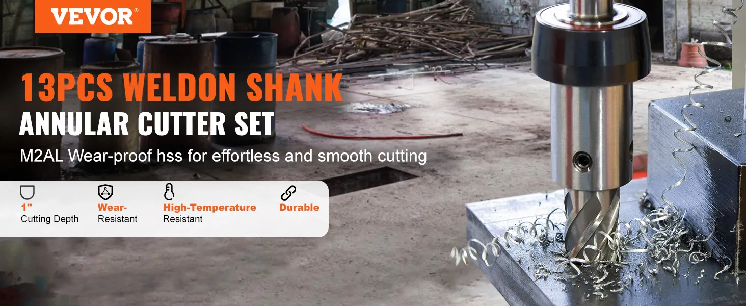 VEVOR annular cutter set with 1" cutting depth, wear-resistant, high-temperature resistant, and durable.