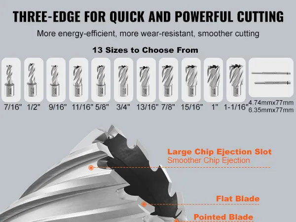 VEVOR annular cutter set features 13 sizes, large chip ejection slot, flat and pointed blades for efficient cutting.