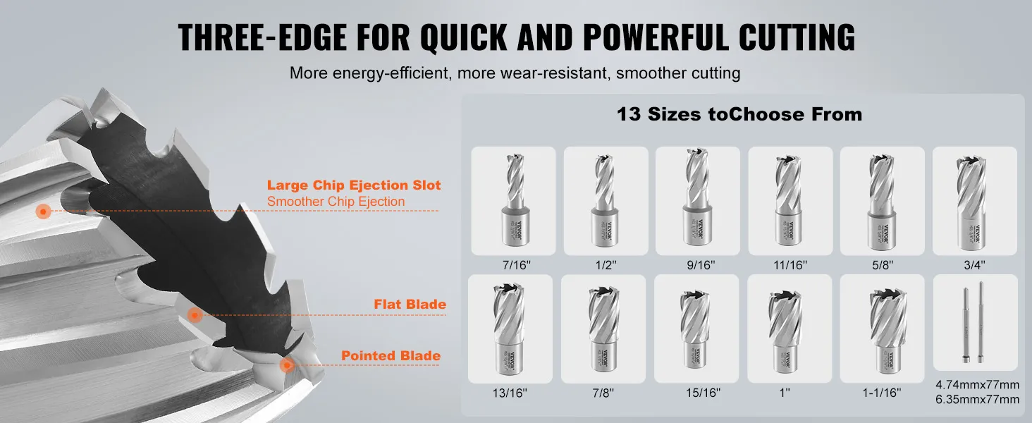 VEVOR annular cutter set features 13 sizes, large chip ejection slot, flat and pointed blades for efficient cutting.