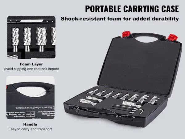 VEVOR annular cutter set in a portable carrying case with shock-resistant foam and ergonomic handle.