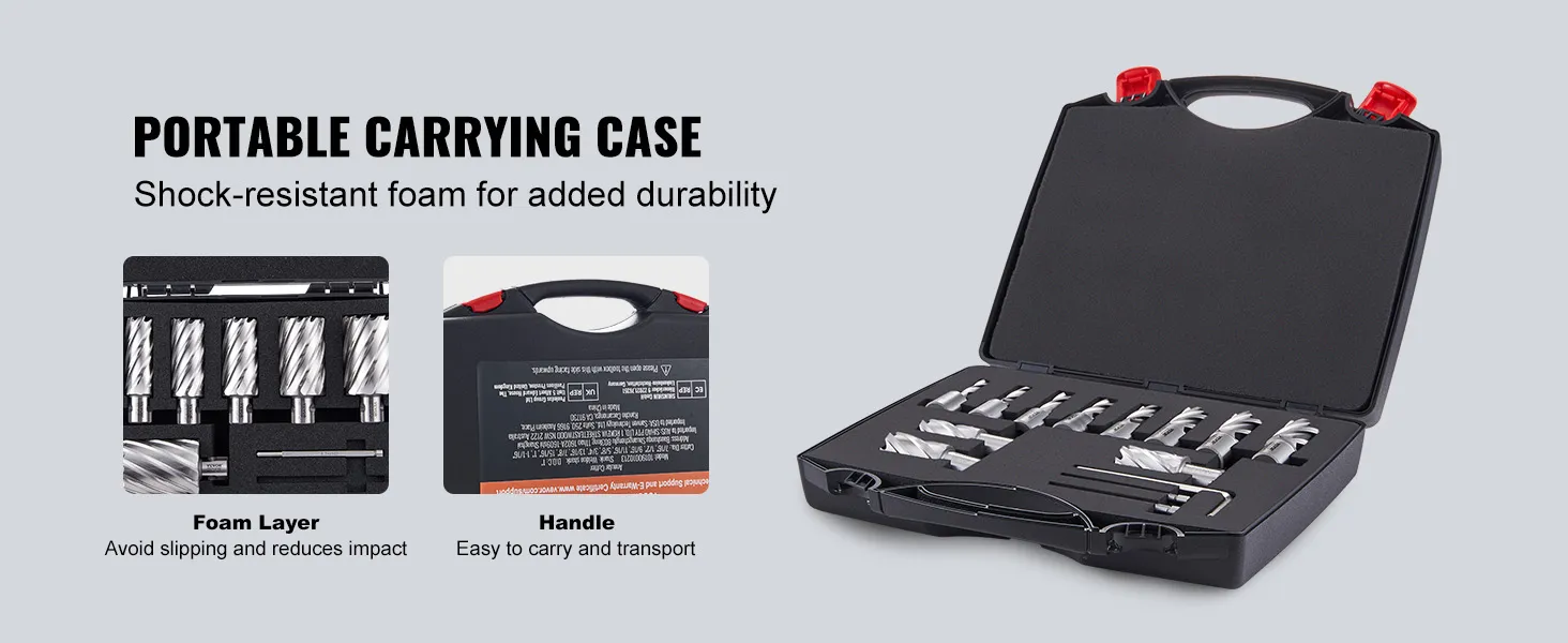 VEVOR annular cutter set in a portable carrying case with shock-resistant foam and ergonomic handle.