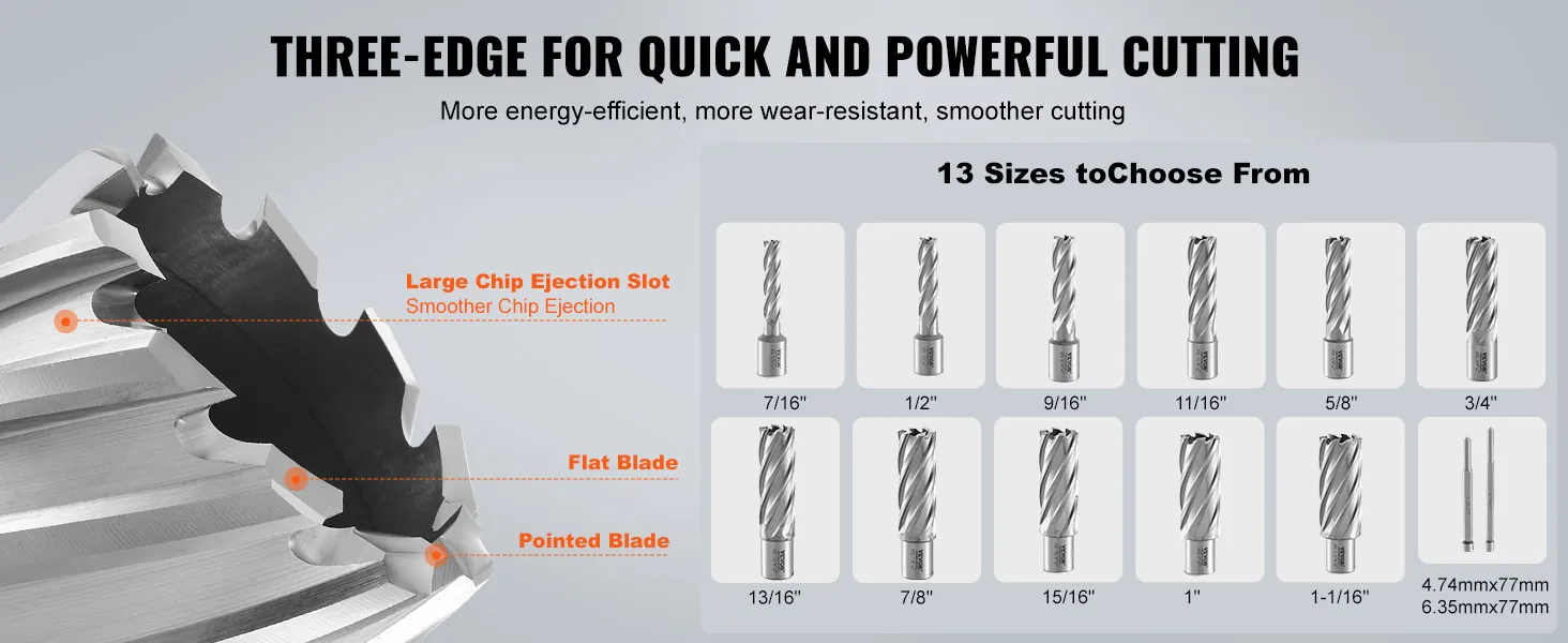 VEVOR annular cutter set with three-edge design for efficient cutting, 13 sizes available for various tasks.