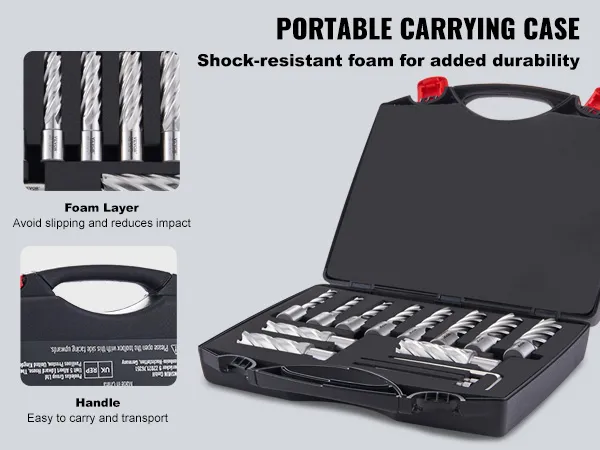 portable foam-lined case with VEVOR annular cutter set featuring metal cutters and ergonomic handle.