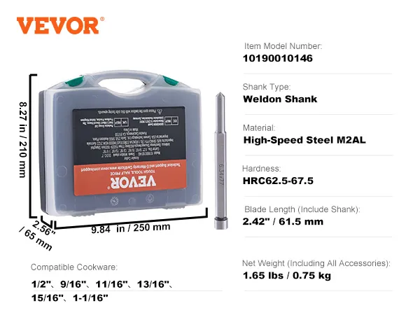 VEVOR annular cutter set with weldon shank, hss m2al, cutting depth 1", blade length 2.42", 1.65 lbs.