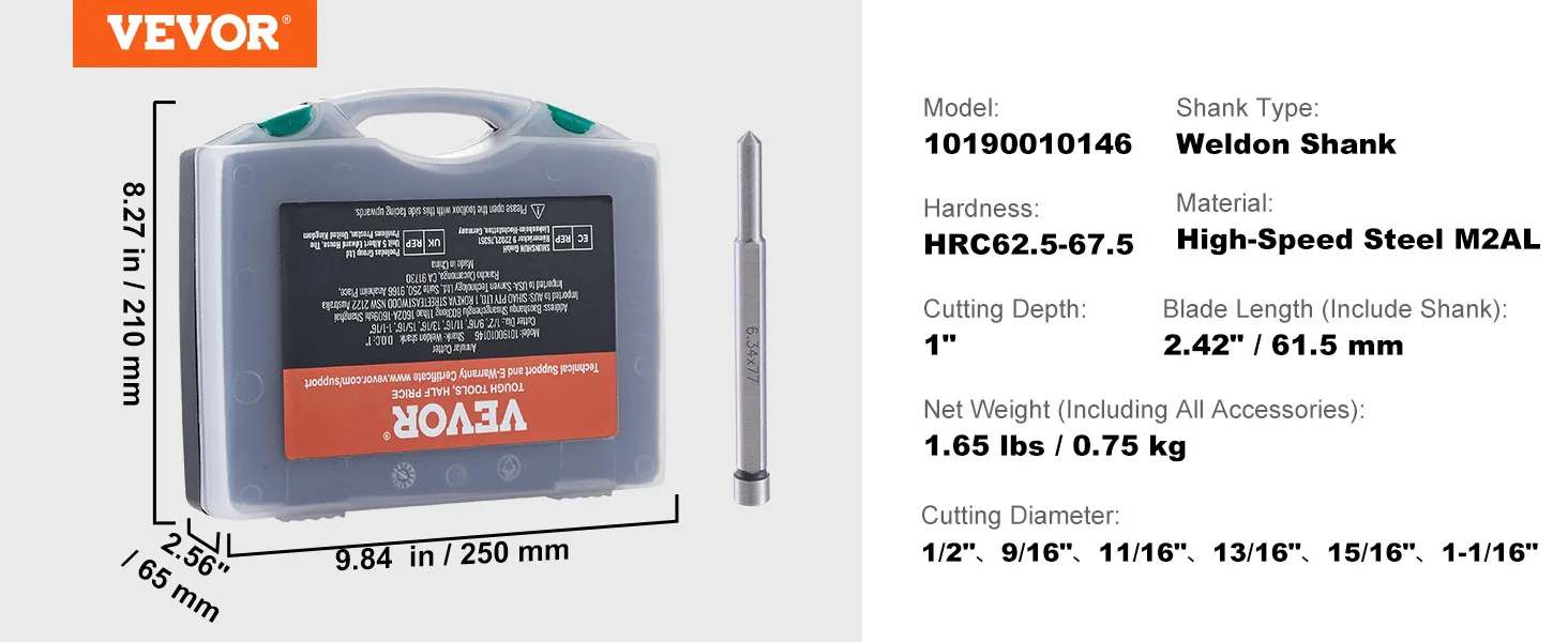 VEVOR annular cutter set with weldon shank, hss m2al, cutting depth 1", blade length 2.42", 1.65 lbs.
