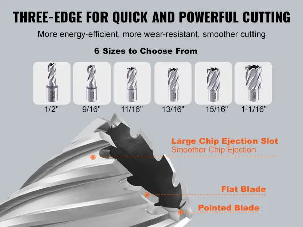 VEVOR annular cutter set features three-edge design for efficient cutting and comes in 6 different sizes.