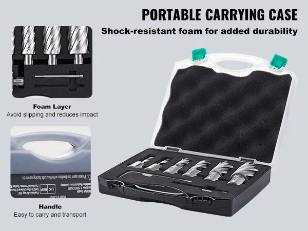 portable carrying case with shock-resistant foam for VEVOR annular cutter set, includes handle for easy transport.