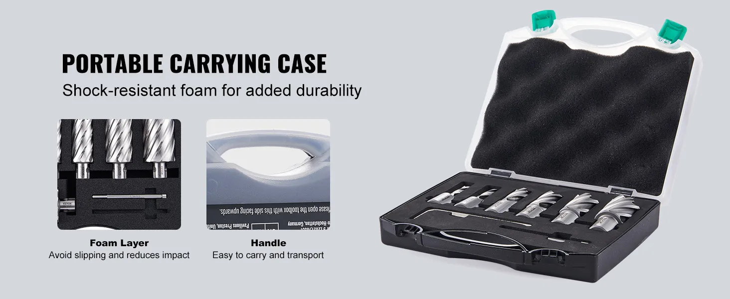 portable carrying case with shock-resistant foam for VEVOR annular cutter set, includes handle for easy transport.