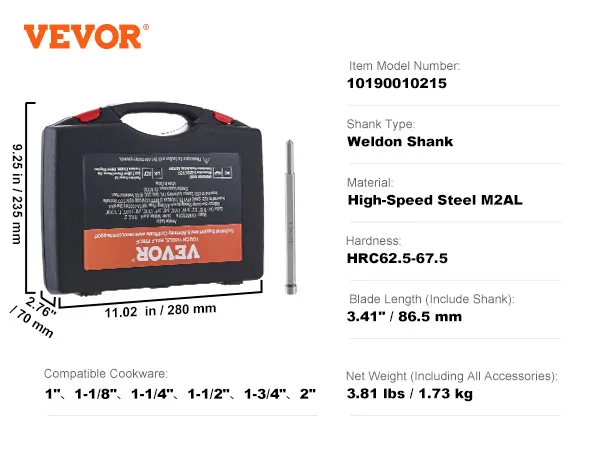 VEVOR annular cutter set with weldon shank, hardness hrc62.5-67.5, high-speed steel m2al, 2" cutting depth.