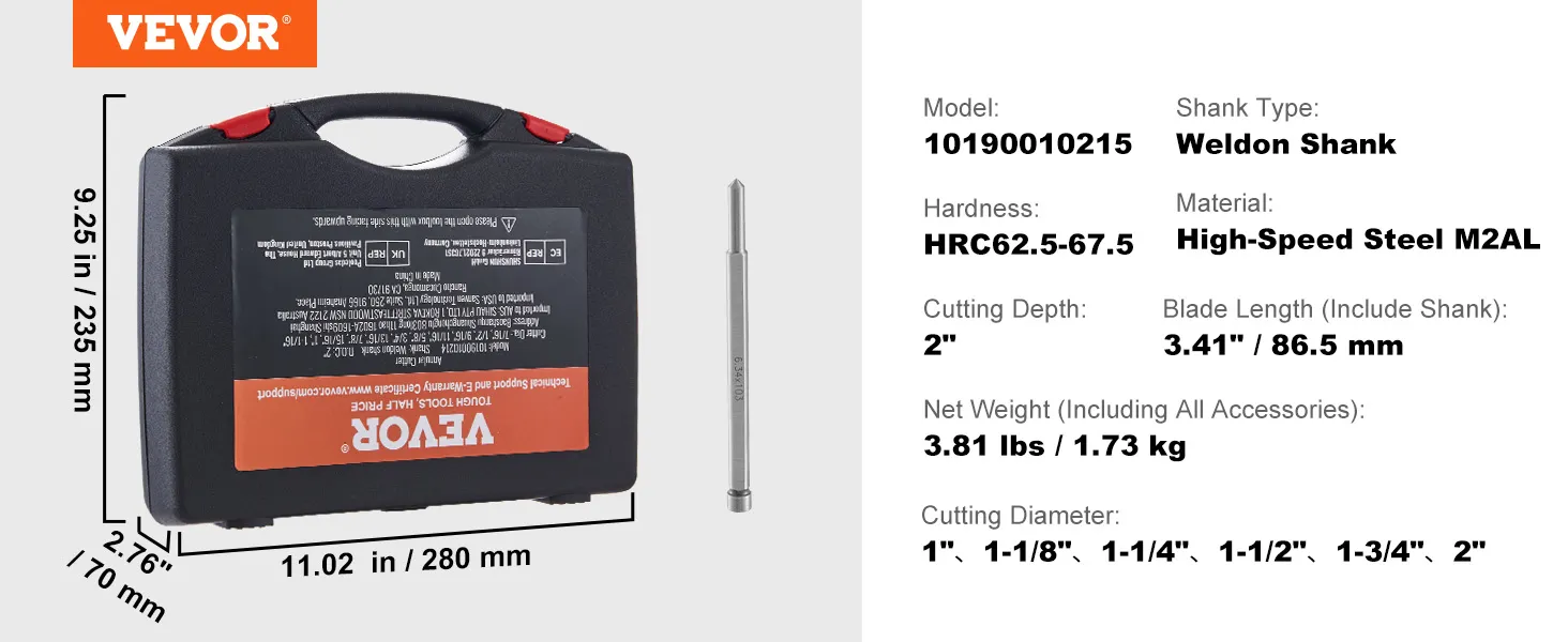 VEVOR annular cutter set with weldon shank, hardness hrc62.5-67.5, high-speed steel m2al, 2" cutting depth.