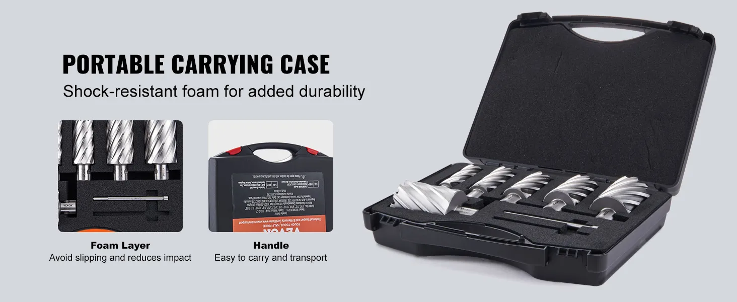 VEVOR annular cutter set in shock-resistant foam case for easy transport and durability.