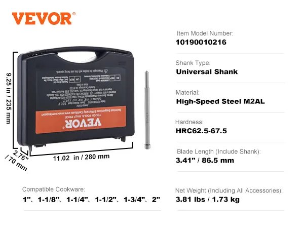 VEVOR annular cutter set with universal shank type and high-speed steel material in a black case.
