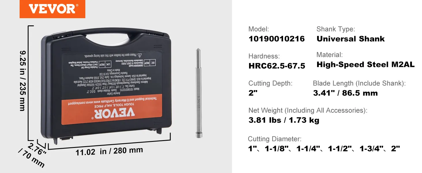 VEVOR annular cutter set with universal shank type and high-speed steel material in a black case.