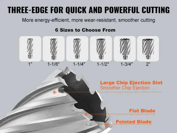 VEVOR annular cutter set with 6 sizes, featuring large chip ejection slot, flat blade, pointed blade.