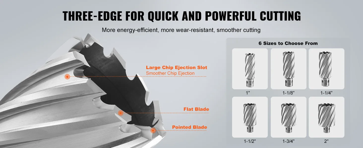 VEVOR annular cutter set with 6 sizes, featuring large chip ejection slot, flat blade, pointed blade.
