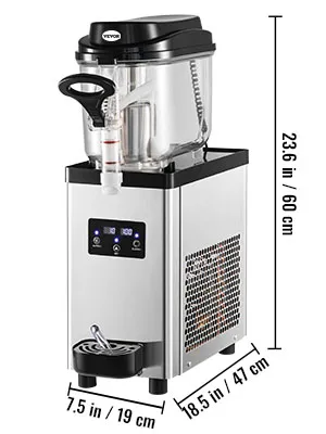 Máquina de granizados VEVOR con dimensiones: 23,6 pulgadas / 60 cm de alto, 18,5 pulgadas / 47 cm de profundidad, 7,5 pulgadas / 19 cm de ancho.
