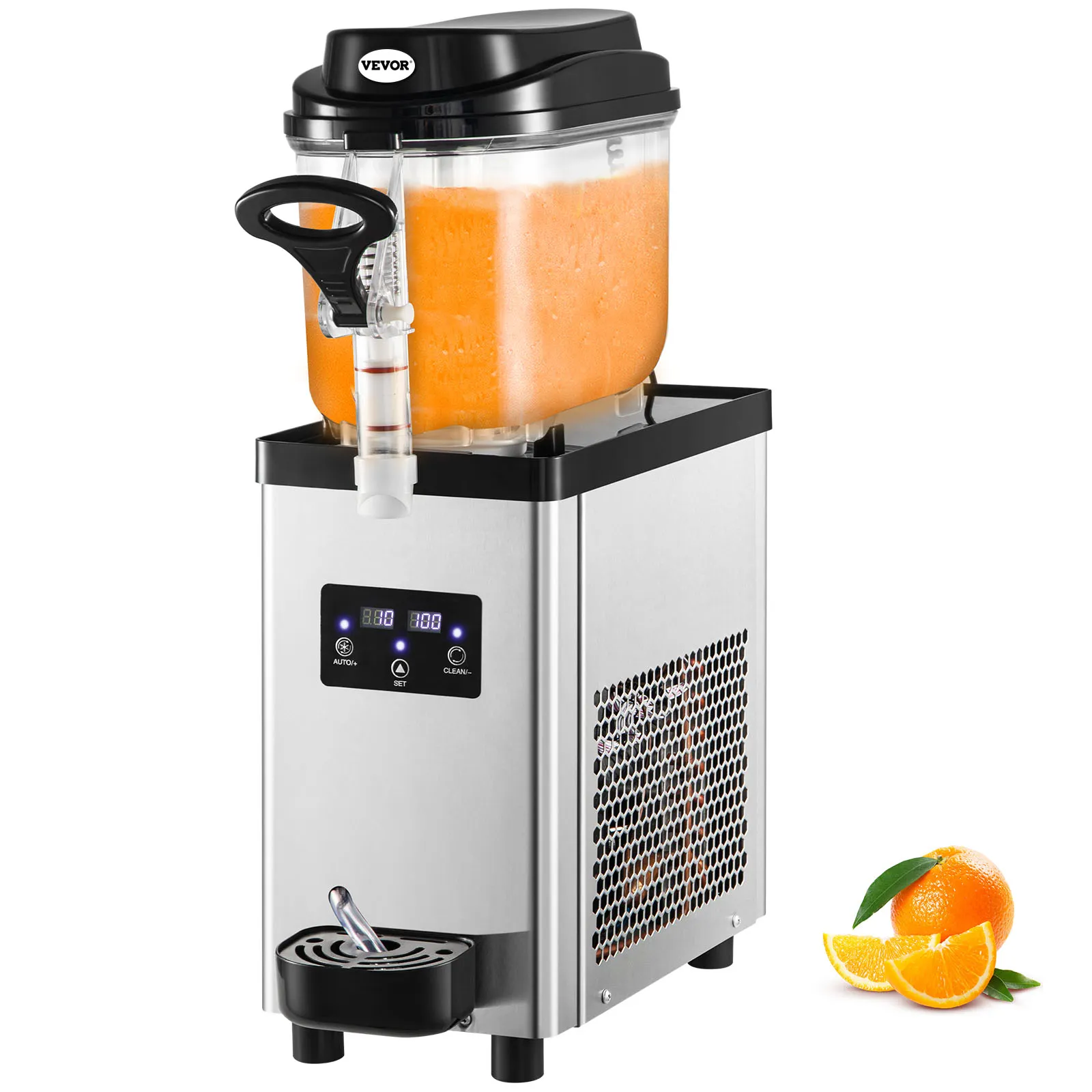 Máquina de granizados VEVOR con cuerpo de acero inoxidable y controles digitales, granizado de naranja y naranjas enteras en el lateral.