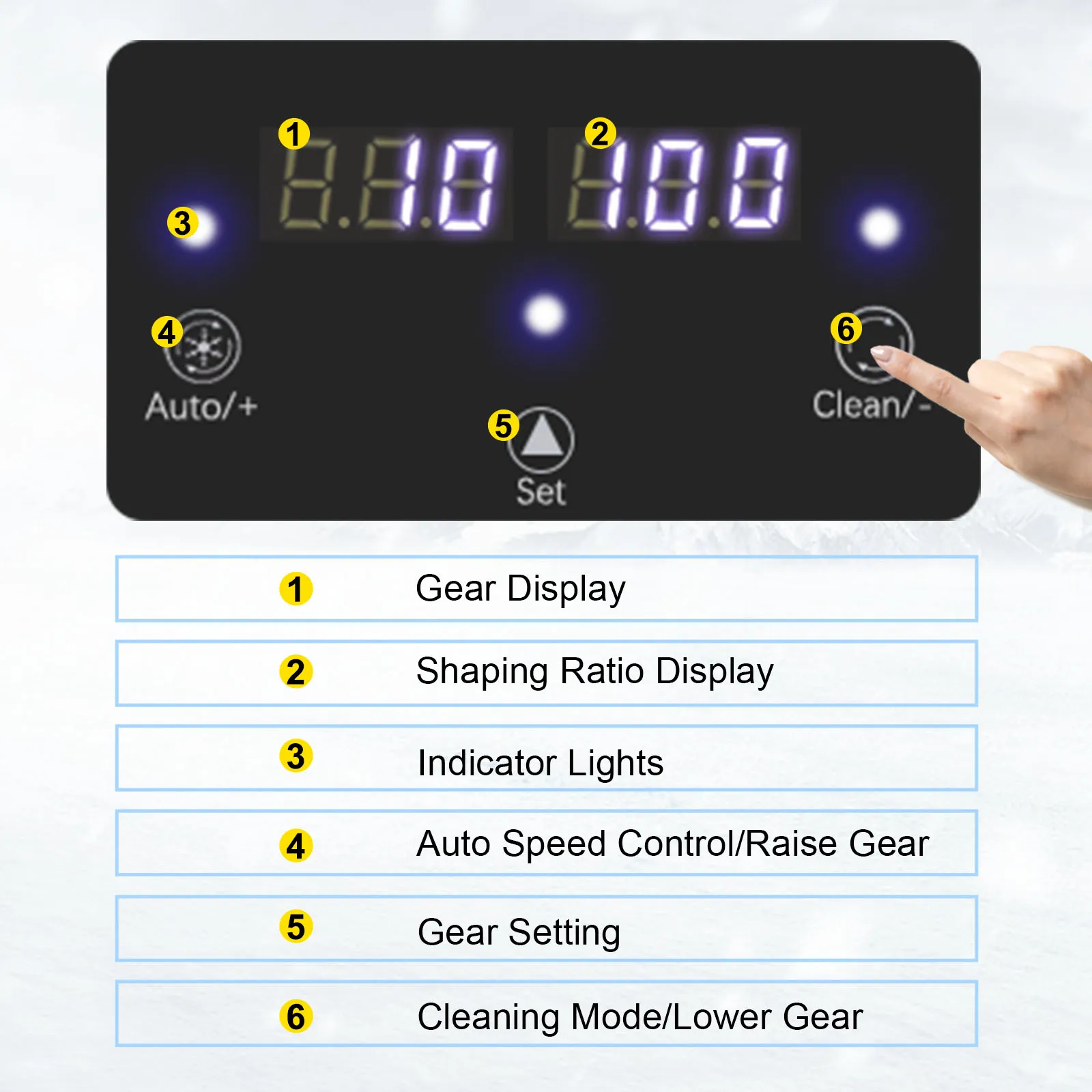 El panel de control de la máquina de granizados VEVOR muestra la relación de marcha y de modelado, cuenta con control automático de velocidad y modo de limpieza.