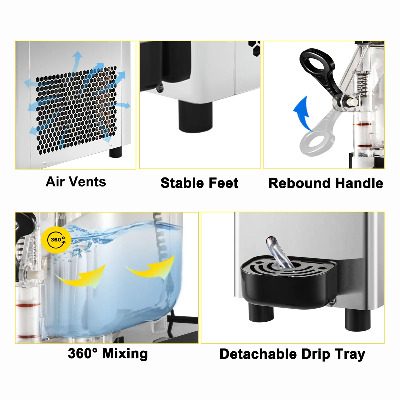 La máquina de granizados VEVOR cuenta con ventilaciones de aire, patas estables, mango de rebote, mezcla de 360 grados y bandeja de goteo desmontable.