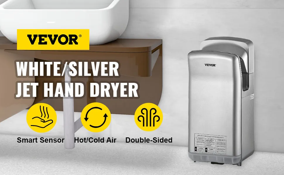Secador de manos VEVOR en color blanco/plata con sensor inteligente, aire caliente/frío y doble cara.