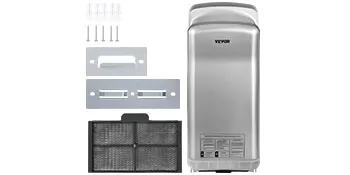 Secador de manos VEVOR con hardware de montaje y componentes de filtro de aire mostrados.
