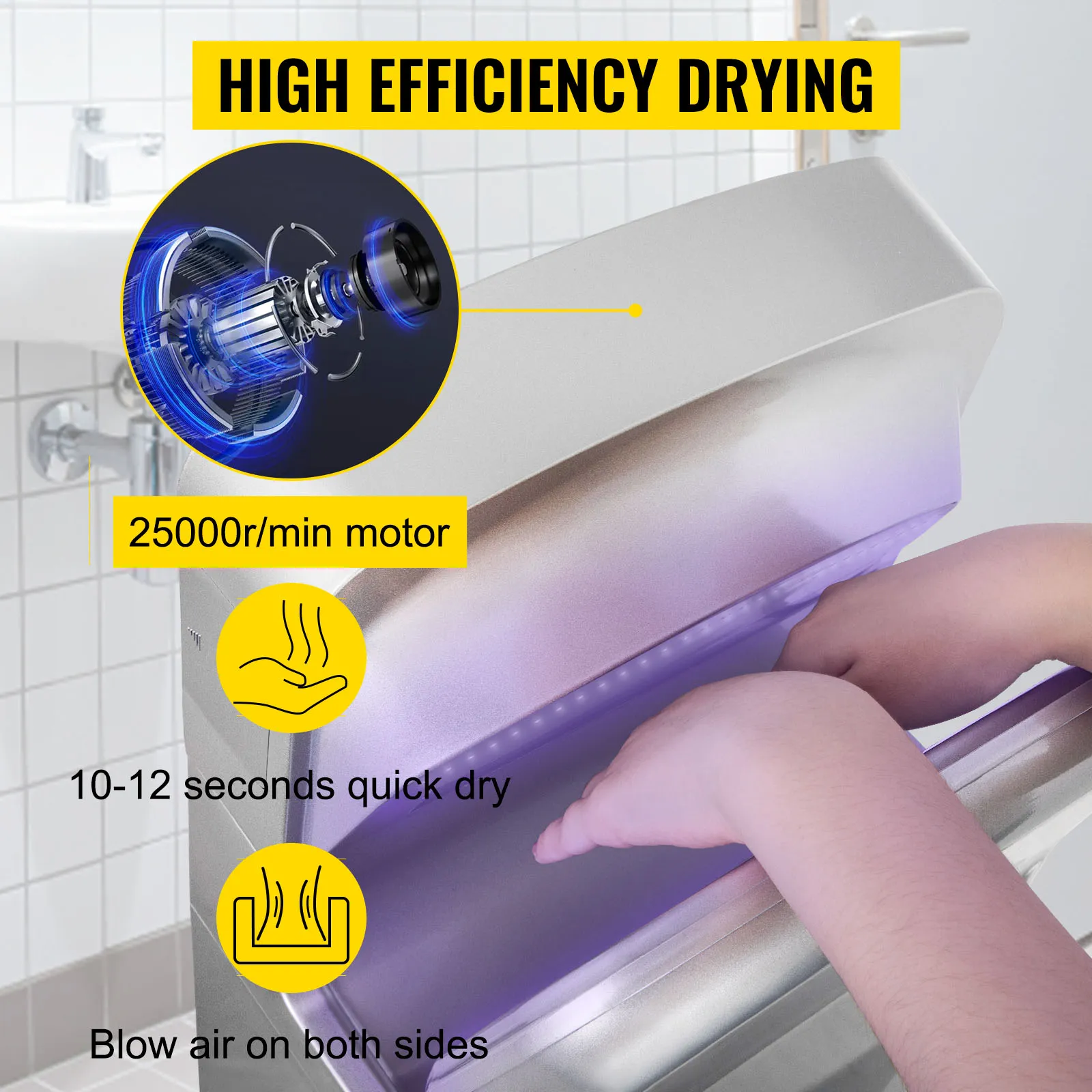 Secador de manos VEVOR con secado de alta eficiencia, motor de 25000r/min y secado rápido de 10 a 12 segundos.
