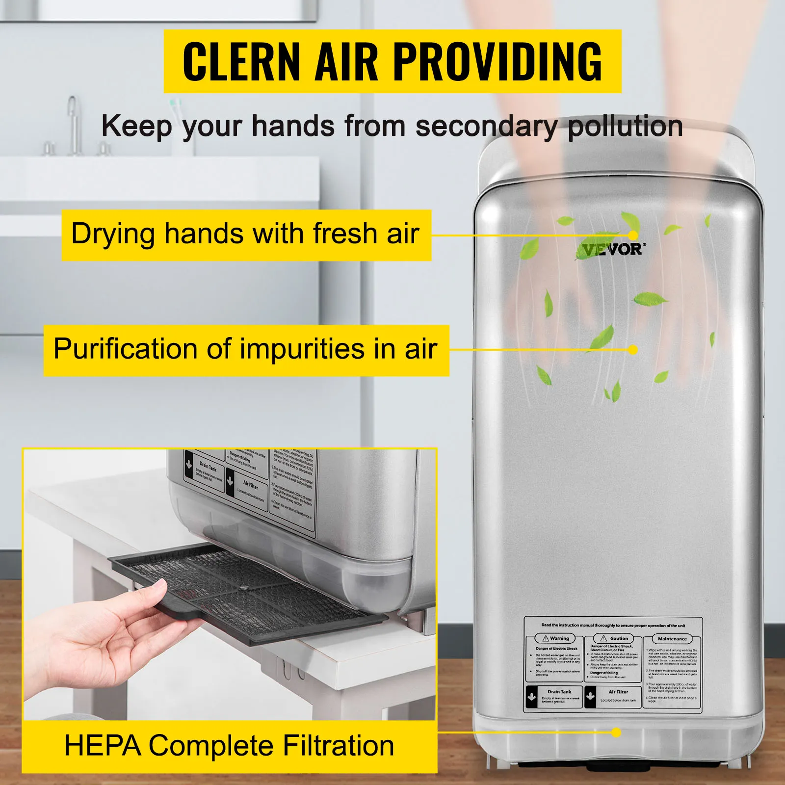 Secador de manos VEVOR con filtración HEPA, secado con aire fresco y purificación de impurezas.