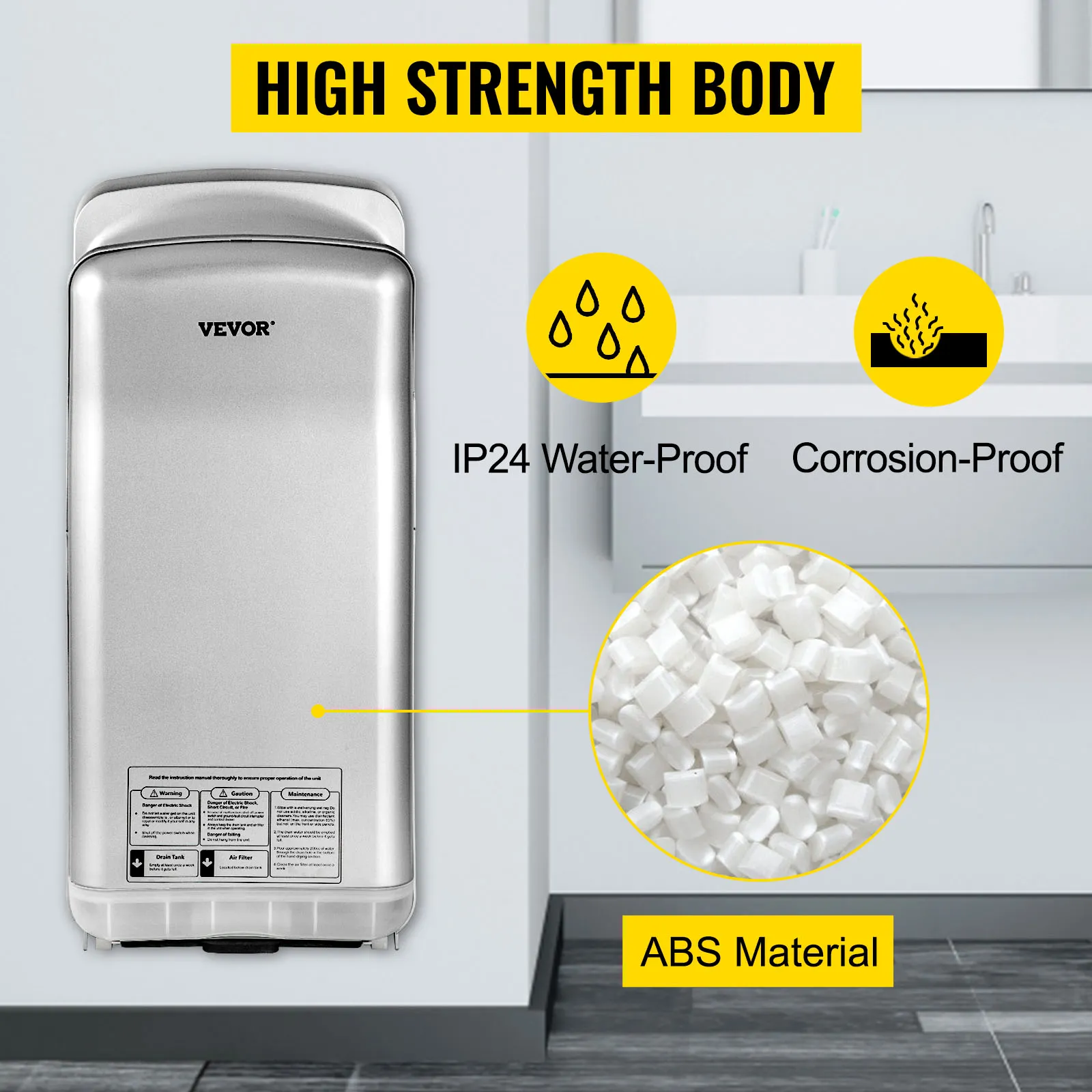 Secador de manos VEVOR con material abs, ip24 resistente al agua y a la corrosión en el baño.