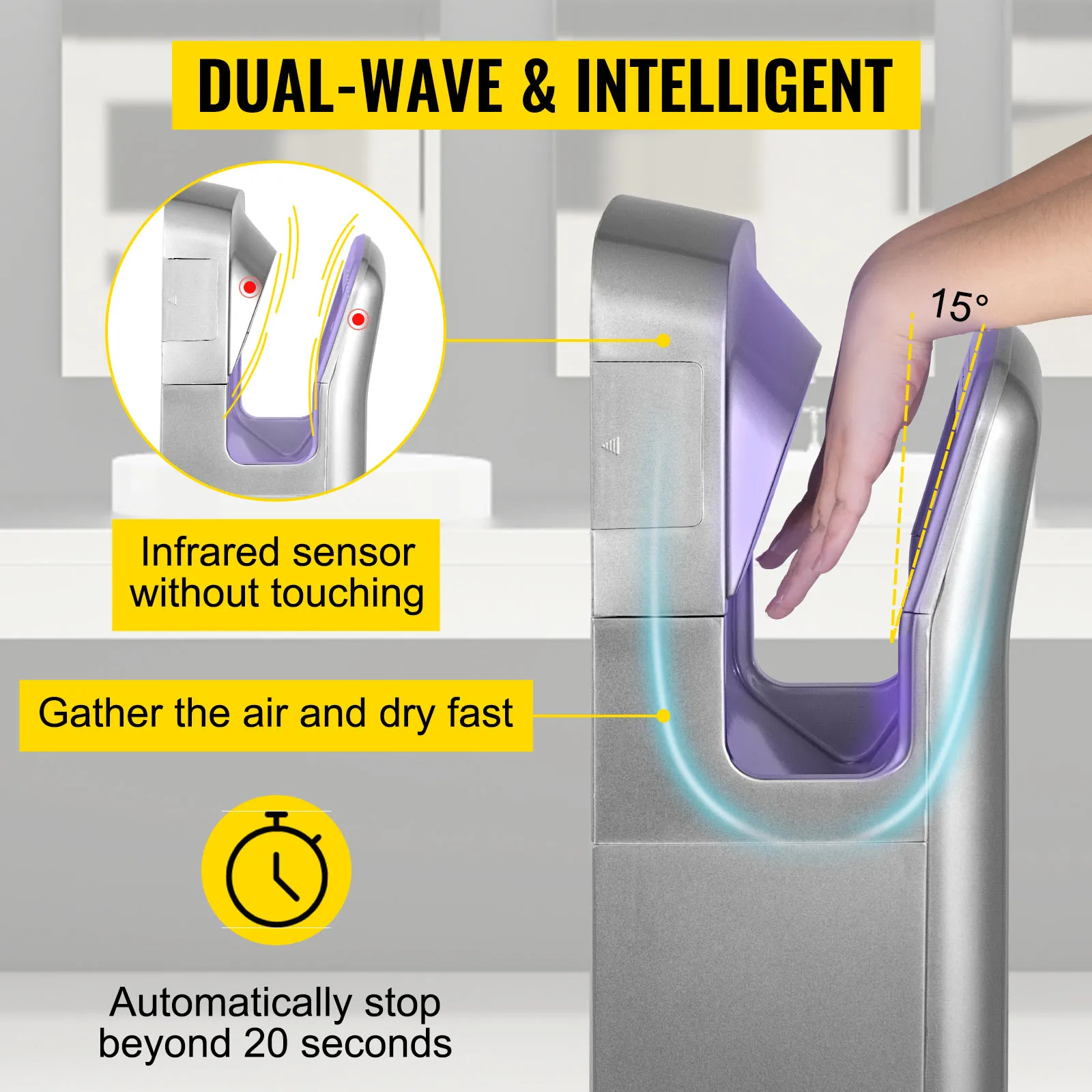Secador de manos VEVOR con sensor de infrarrojos, ranura para mano en ángulo y parada automática después de 20 segundos.