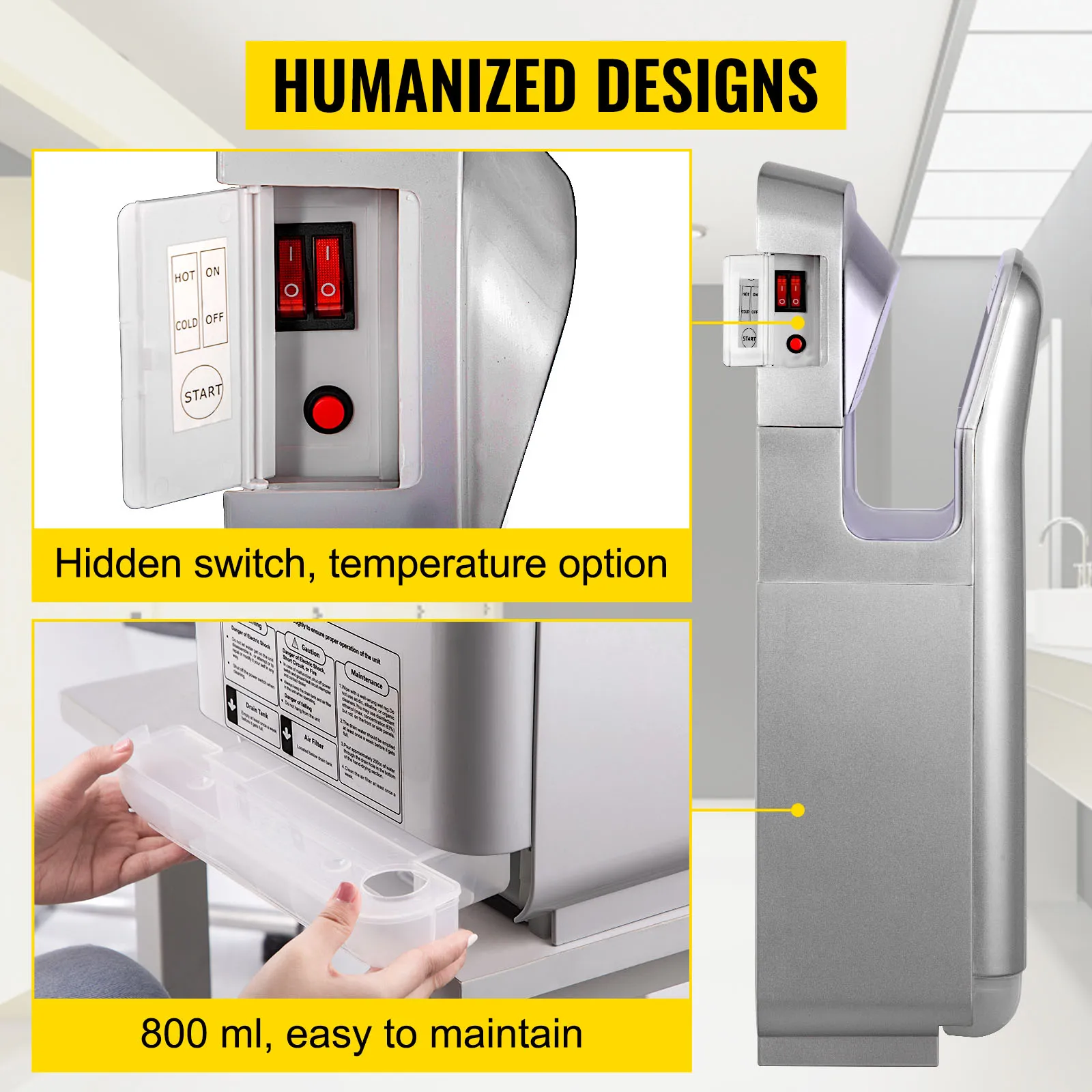 Secador de manos VEVOR, interruptor oculto, opción de temperatura, 800 ml, fácil de mantener.