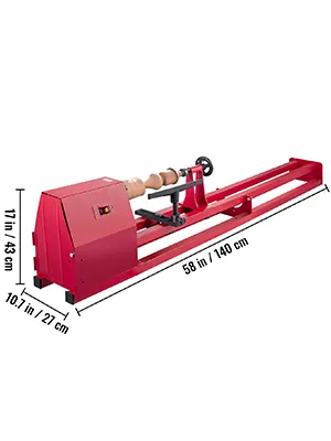 Torno para madera VEVOR, rojo, dimensiones: 71 pulgadas x 10,7 pulgadas x 58 pulgadas.