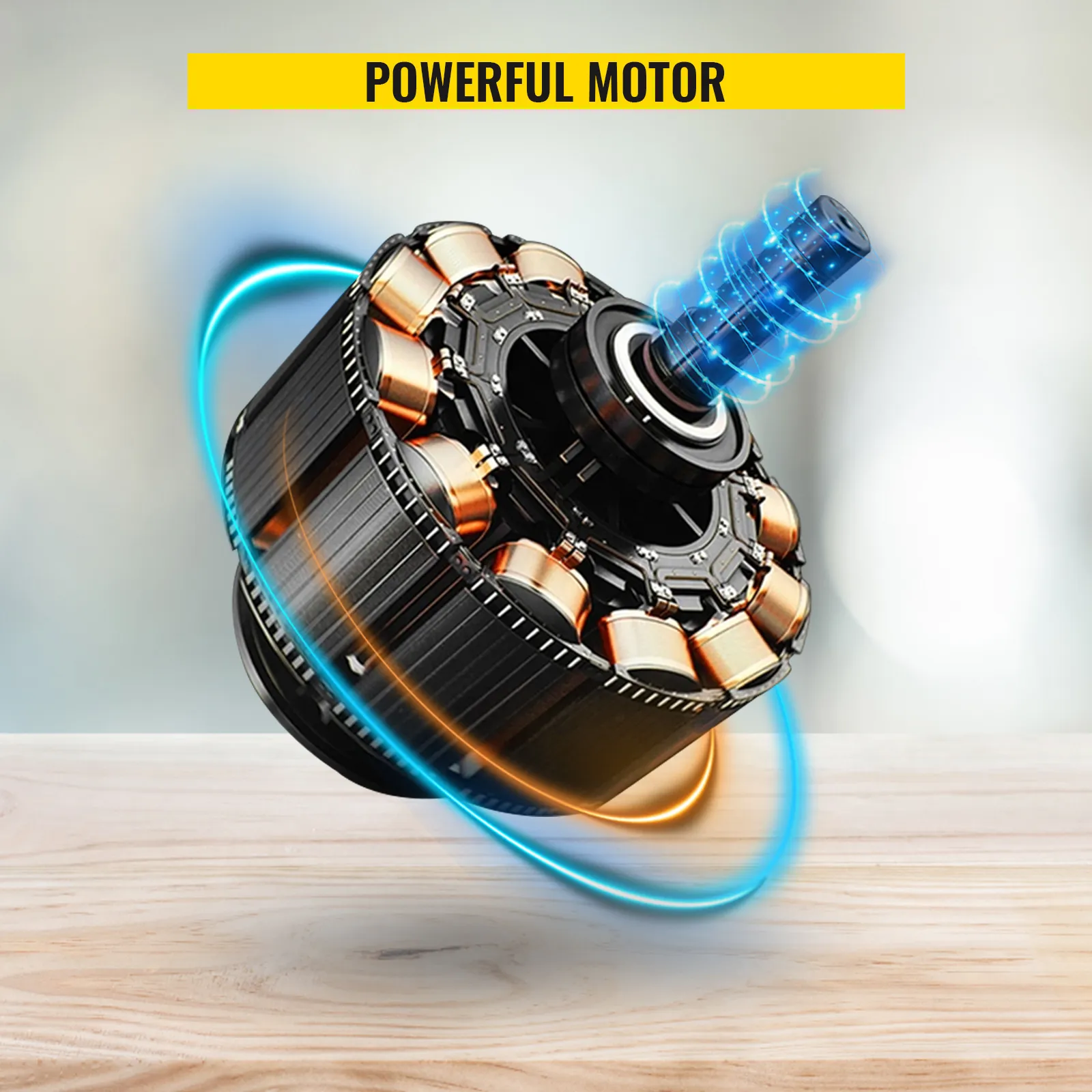 Potente motor de torno de madera VEVOR sobre una superficie de madera con detalles en azul y naranja.