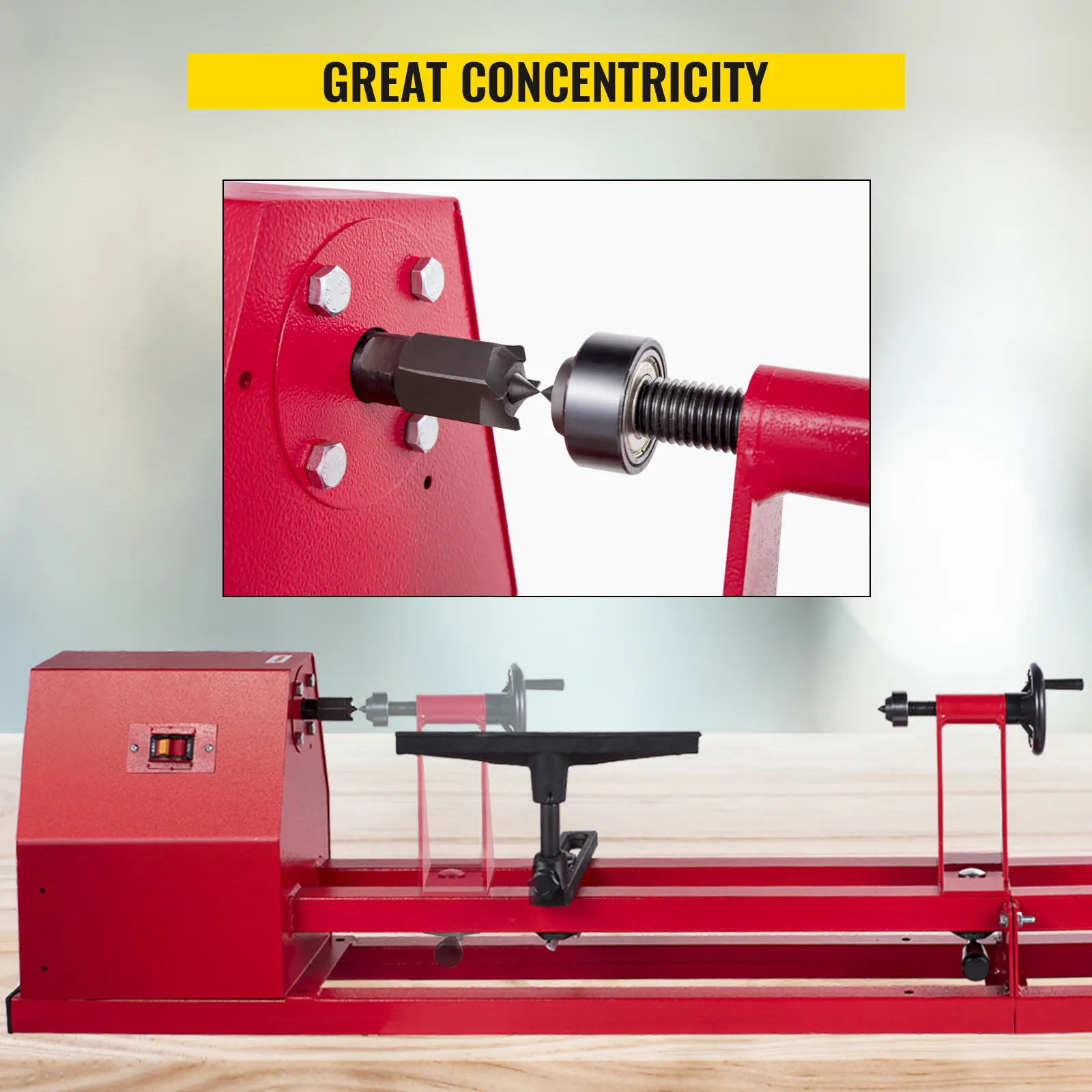 Torno de madera VEVOR con concentricidad mejorada, con un diseño rojo vibrante.