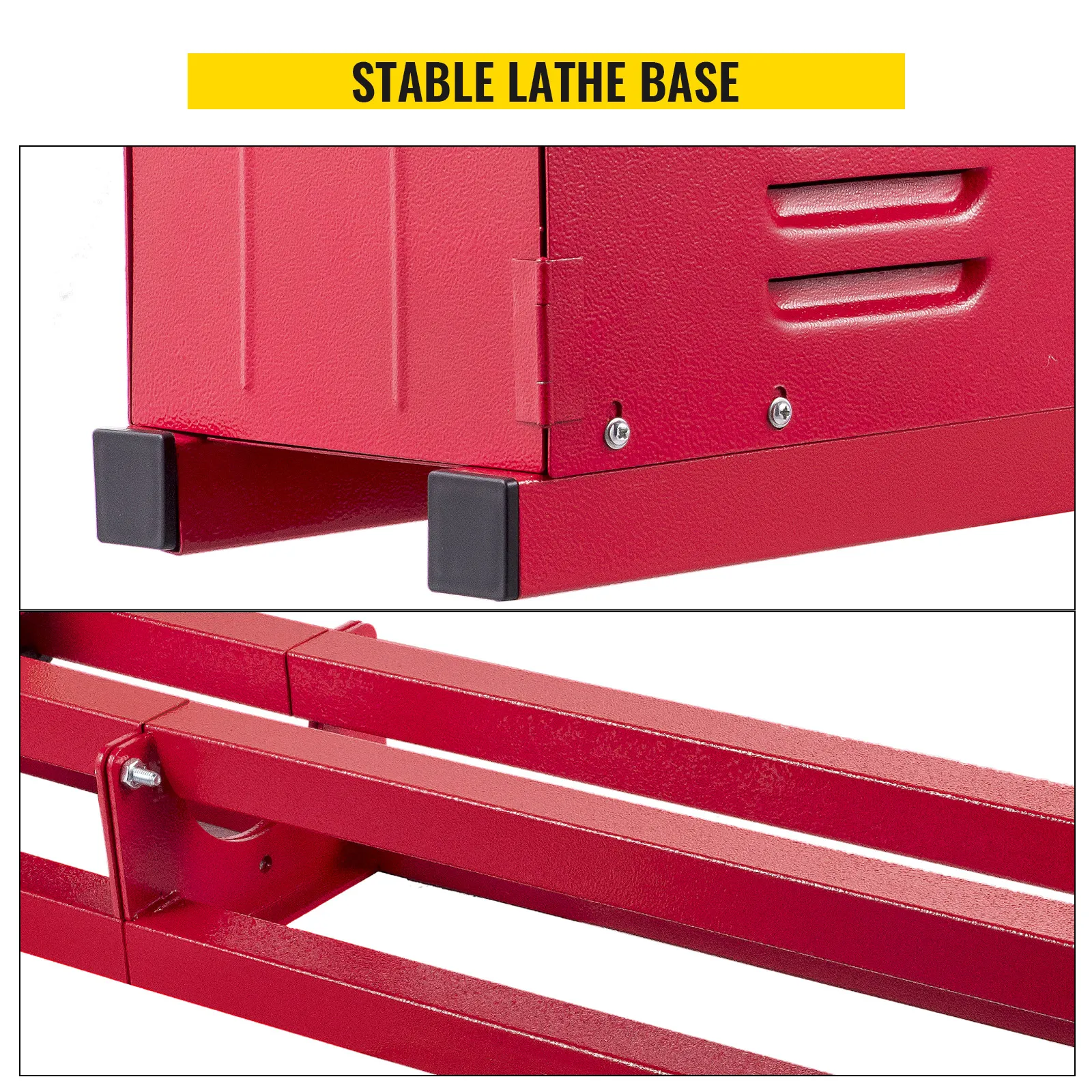 Base roja estable de torno de madera VEVOR con construcción de metal resistente.