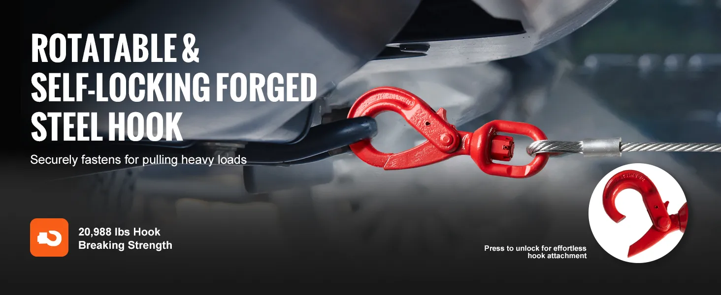 rotatable red steel hook with 20,988 lbs breaking strength connected to VEVOR winch cable.
