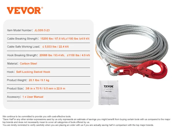 VEVOR winch cable, carbon steel, 5033lbs load, self-locking swivel hook, 3/8" x 75ft with user manual.