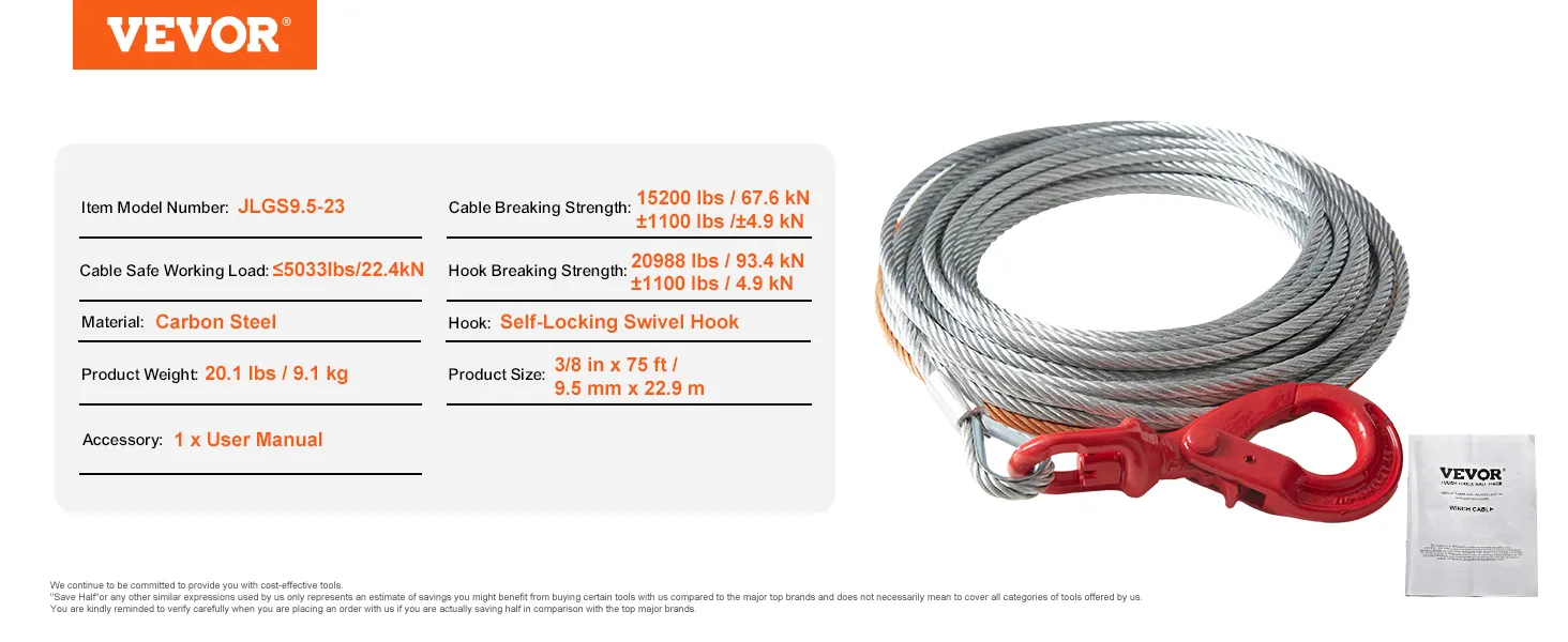 VEVOR winch cable, carbon steel, 5033lbs load, self-locking swivel hook, 3/8" x 75ft with user manual.