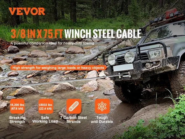 VEVOR winch cable 3/8in x 75ft ideal for heavy-duty towing, with high strength and durability in action.