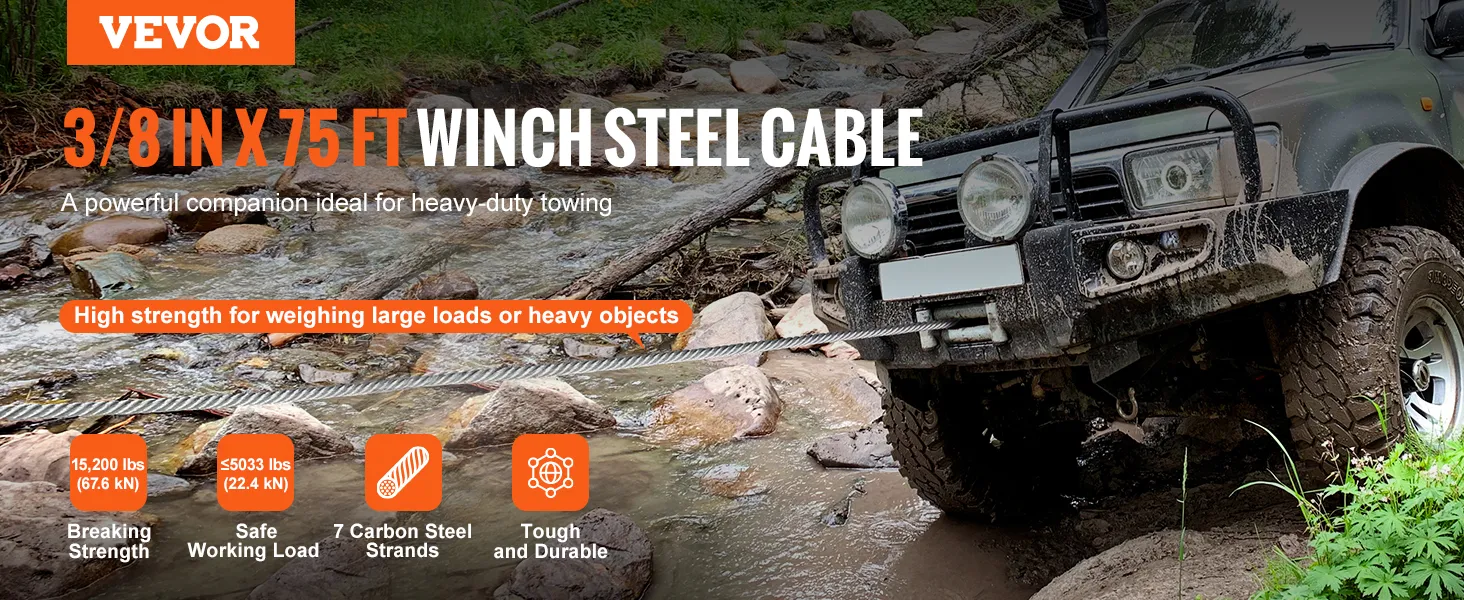 VEVOR winch cable 3/8in x 75ft ideal for heavy-duty towing, with high strength and durability in action.