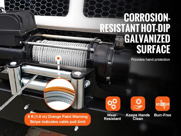 VEVOR winch cable with corrosion-resistant galvanized surface and 6 ft orange paint warning stripe.