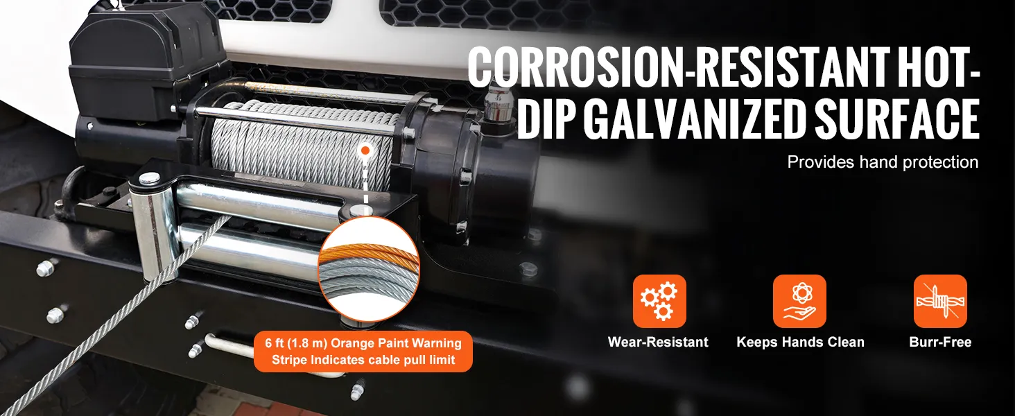VEVOR winch cable with corrosion-resistant galvanized surface and 6 ft orange paint warning stripe.