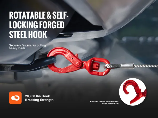 VEVOR winch cable with rotatable and self-locking forged steel hook, 20,988 lbs breaking strength.
