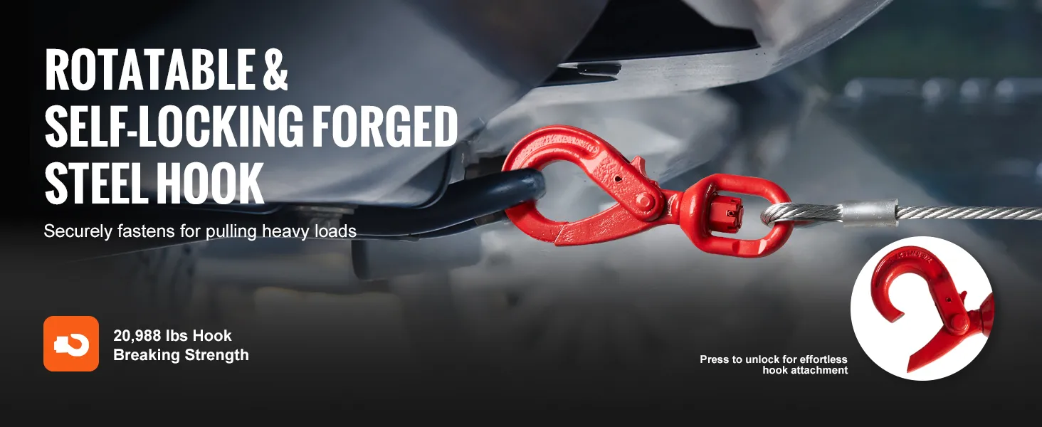 VEVOR winch cable with rotatable and self-locking forged steel hook, 20,988 lbs breaking strength.