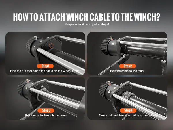 how to attach the VEVOR winch cable in 4 steps: locate nut, bolt cable, thread drum, never fully extend.